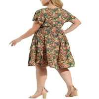 Benzersiz pazarlık kadın artı boyutu V boyun elastik bel fırfır yaz çiçek Midi elbise