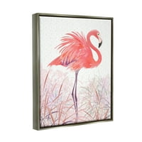 Aptal Flamingo Kuş Tropikal Otlar Desenli Hayvanlar ve Böcekler Boyama Gri Şamandıra Çerçeveli sanat Baskı Duvar