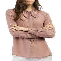 Benzersiz Pazarlık kadın Kravat Boyun Uzun Kollu Düğme Dekor Çalışma Ofisi Bluz Üst