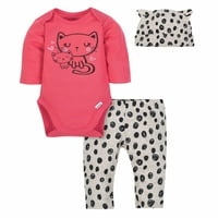 Gerber Bebek Kız Onesies Bodysuit, Pantolon ve Kap, Set