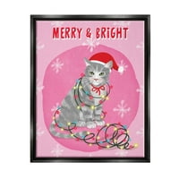 Stupell Industries Mutlu ve Parlak Noel kedi ışıkları Grafik Sanat Jet Siyah Yüzen Çerçeveli Tuval Baskı Duvar Sanatı,