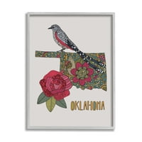 Stupell Industries Oklahoma Eyaleti Kuş ve Çiçek Detaylı Çiçek Desenli Grafik Sanatı Gri Çerçeveli Sanat Baskı Duvar
