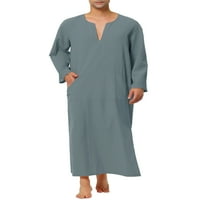 Benzersiz pazarlık erkek pijama pamuklu pijama v yaka yan bölünmüş uzun elbise cepli
