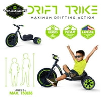 Madd Dişli Drift Trike-Güçlü Çelik Çerçeve Üç Tekerlekli Bisiklet-Ayarlanabilir Koltuk Siyah Yeşil Makine Yıl +