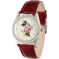 Glitter Minnie Mouse Kadın Gümüş Alaşımlı Glitz Saat, Kırmızı Deri Kayış