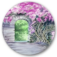 Designart 'Duvarın Üzerinde Çiçek Açan Mor Wisteria Bahçesi' Geleneksel Daire Metal Duvar Sanatı - 29'luk Disk