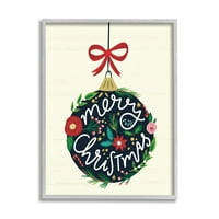 Stupell Industries Merry Christmas Asılı Botanik Süs Kırmızı Yay Grafik Sanat Gri Çerçeveli Sanat Baskı Duvar Sanatı,