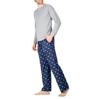Erkek Pijama Takımı Pijama Erkekler İçin PJ Seti Pamuk Örgü Erkek Pijama Pantolon ve Uzun Kollu Henley T-Shirt Gri