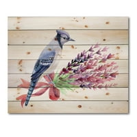 Designart 'Pembe Çiçek Buketinde Mavi Alakarga Kuşu' Doğal Çam Ağacına Geleneksel Baskı