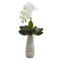 Neredeyse Doğal 24 inç. Altın Süslemeli Taş Vazoda Phalaenopsis Orkide Yapay Aranjmanı, Beyaz