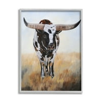 Aptal Benekli Longhorn Sığır Boyama Hayvanlar ve Böcekler Boyama Gri Çerçeveli Sanat Baskı Duvar Sanatı